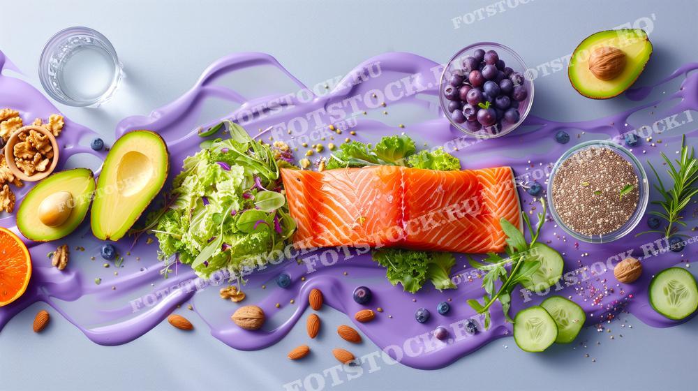 На фотографии представлен ассортимент полезных продуктов, таких как лосось, авокадо, ягоды, орехи и зелень, на фоне фиолетового соуса. Снимок демонстрирует разнообразие ингредиентов, подходящих для сбалансированной диеты.